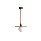 Traditional Japanese Disc Round Cylinder Yellow Travertine Solid Wood 1-Light Pendant Light For Living Room