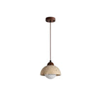 Traditional Japanese Disc Round Cylinder Yellow Travertine Solid Wood 1-Light Pendant Light For Living Room