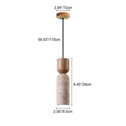 Traditional Vintage Round Column Beige Travertine Solid Wood 1-Light Pendant Light For Living Room
