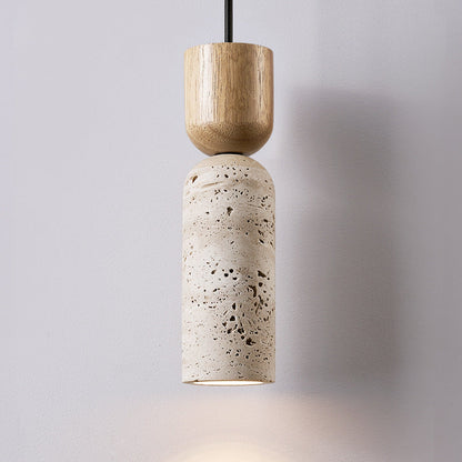Traditional Vintage Round Column Beige Travertine Solid Wood 1-Light Pendant Light For Living Room