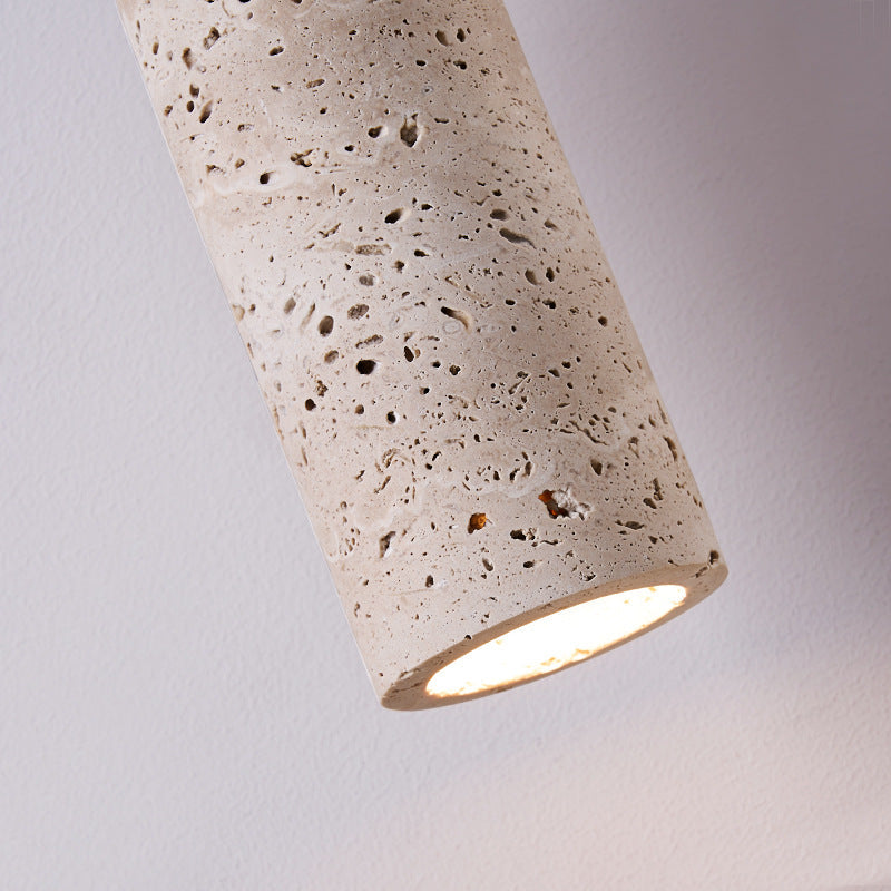 Traditional Vintage Round Column Beige Travertine Solid Wood 1-Light Pendant Light For Living Room