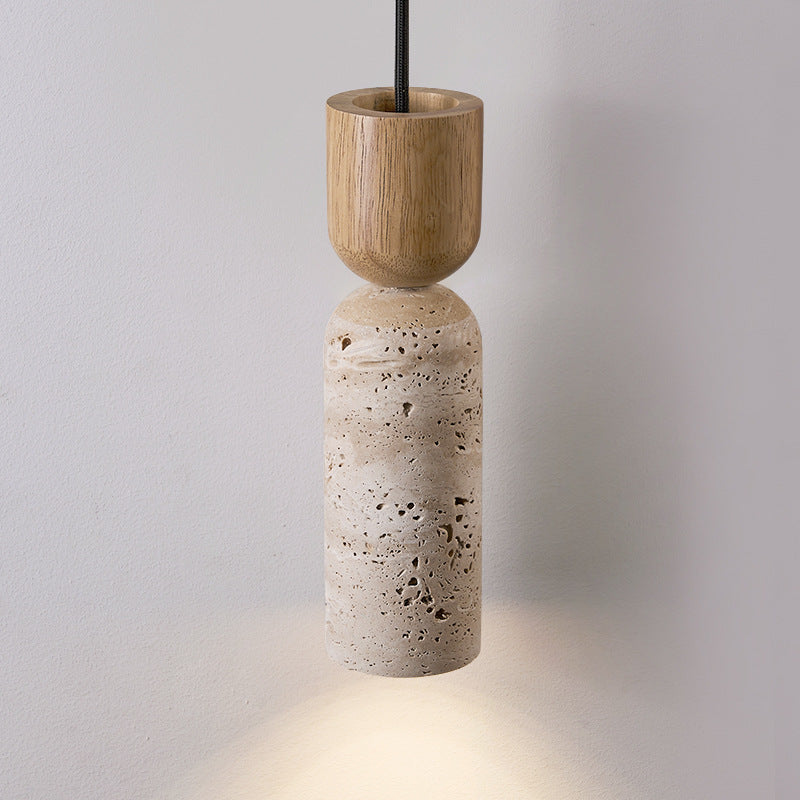 Traditional Vintage Round Column Beige Travertine Solid Wood 1-Light Pendant Light For Living Room