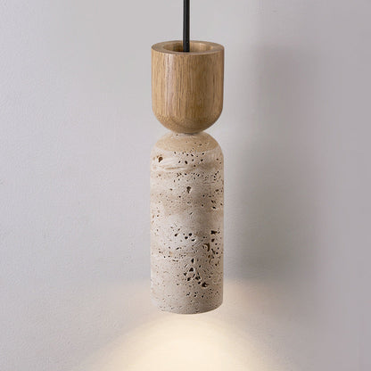 Traditional Vintage Round Column Beige Travertine Solid Wood 1-Light Pendant Light For Living Room