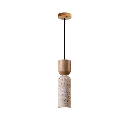 Traditional Vintage Round Column Beige Travertine Solid Wood 1-Light Pendant Light For Living Room