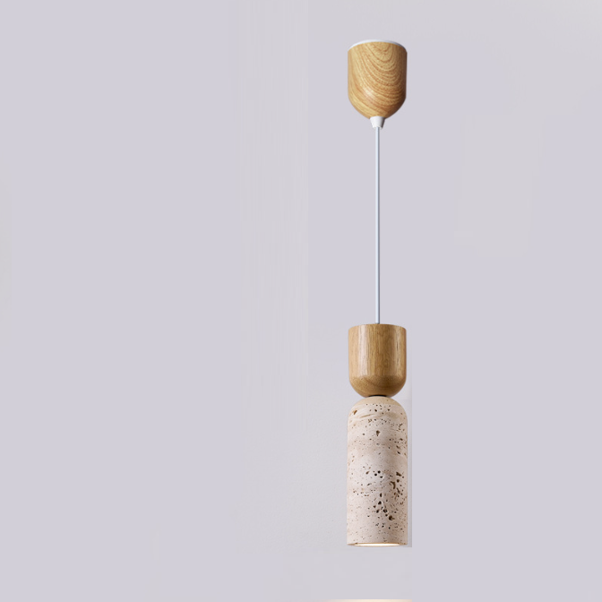 Traditional Vintage Round Column Beige Travertine Solid Wood 1-Light Pendant Light For Living Room