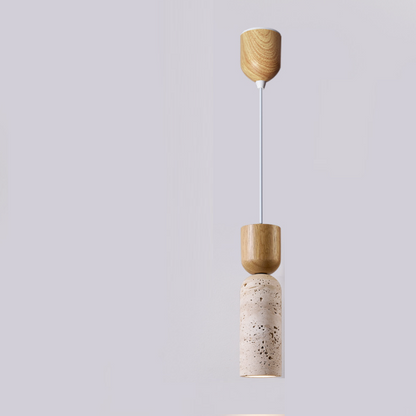 Traditional Vintage Round Column Beige Travertine Solid Wood 1-Light Pendant Light For Living Room