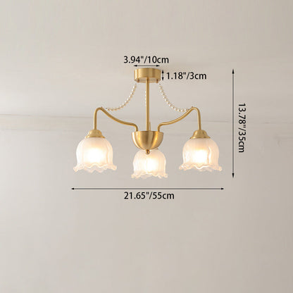 Traditional French Floral Branch Round Glass Pearl Brass 3/6/8 Light Semi-Flush Mount Ceiling Light For Living Room