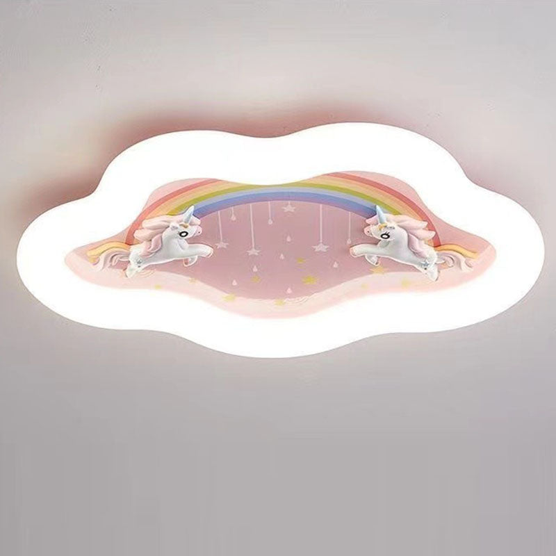 Modern Art Deco Round Cloud Rabbit Unicorn Acrylic Resin Iron LED Flush Mount Ceiling Light for Bedroom