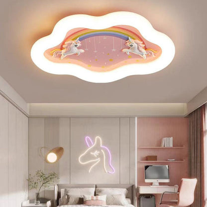 Modern Art Deco Round Cloud Rabbit Unicorn Acrylic Resin Iron LED Flush Mount Ceiling Light for Bedroom