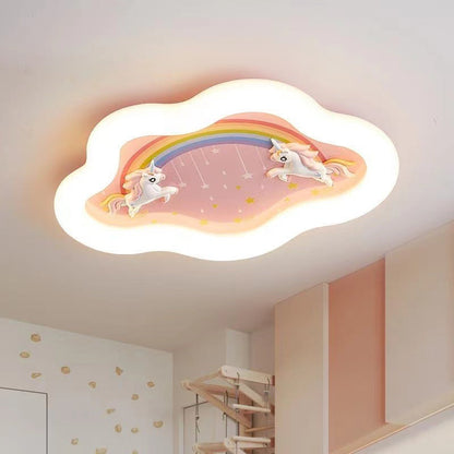 Modern Art Deco Round Cloud Rabbit Unicorn Acrylic Resin Iron LED Flush Mount Ceiling Light for Bedroom