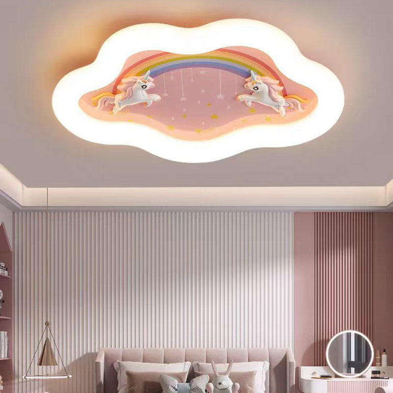 Modern Art Deco Round Cloud Rabbit Unicorn Acrylic Resin Iron LED Flush Mount Ceiling Light for Bedroom