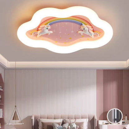 Modern Art Deco Round Cloud Rabbit Unicorn Acrylic Resin Iron LED Flush Mount Ceiling Light for Bedroom