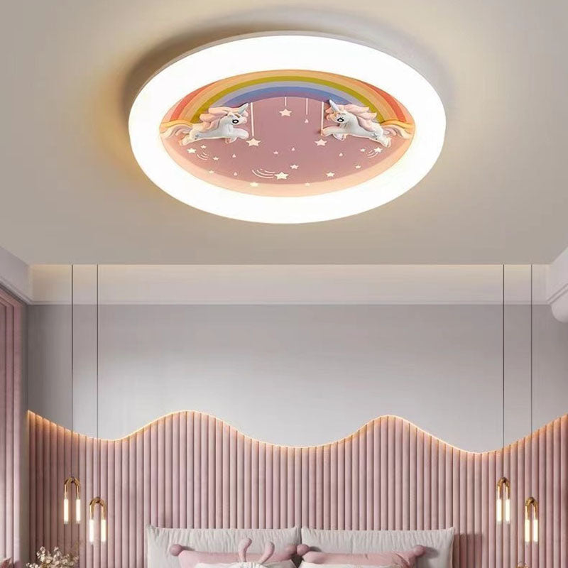 Modern Art Deco Round Cloud Rabbit Unicorn Acrylic Resin Iron LED Flush Mount Ceiling Light for Bedroom