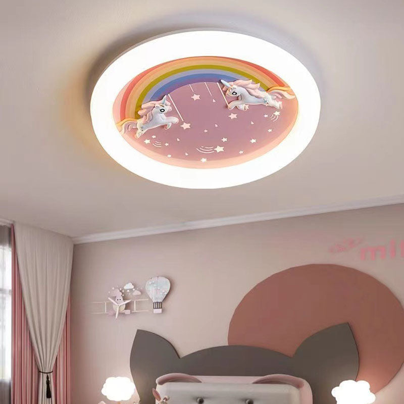 Modern Art Deco Round Cloud Rabbit Unicorn Acrylic Resin Iron LED Flush Mount Ceiling Light for Bedroom