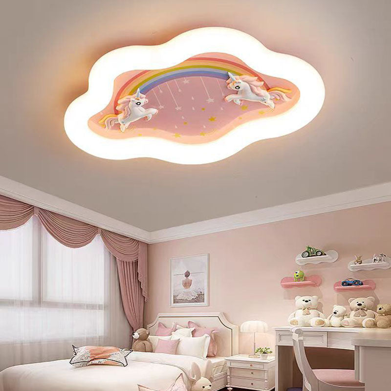 Modern Art Deco Round Cloud Rabbit Unicorn Acrylic Resin Iron LED Flush Mount Ceiling Light for Bedroom