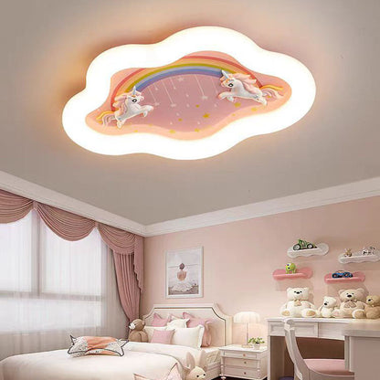 Modern Art Deco Round Cloud Rabbit Unicorn Acrylic Resin Iron LED Flush Mount Ceiling Light for Bedroom