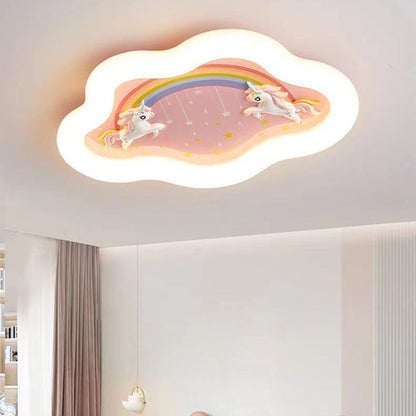 Modern Art Deco Round Cloud Rabbit Unicorn Acrylic Resin Iron LED Flush Mount Ceiling Light for Bedroom