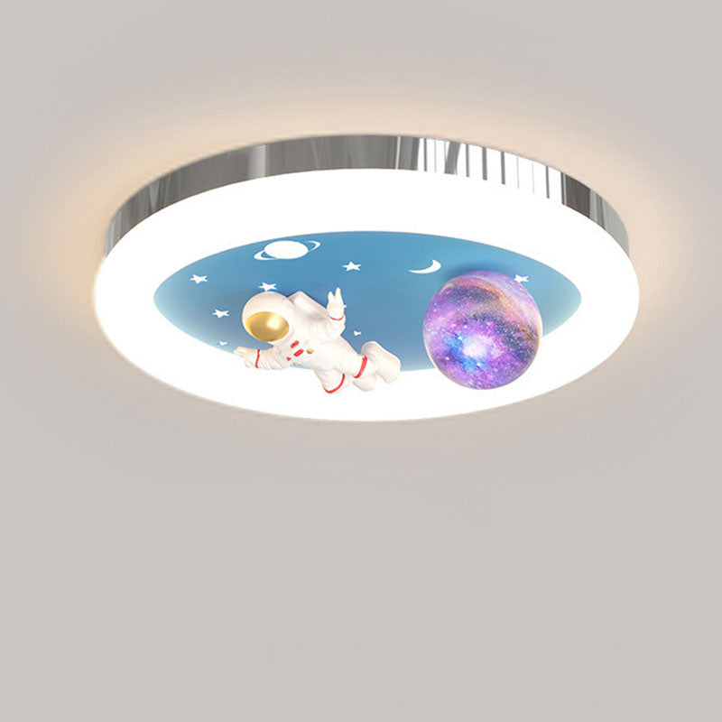 Modern Art Deco Kids Star Astronaut Round Acrylic Resin Iron LED Flush Mount Ceiling Light For Bedroom