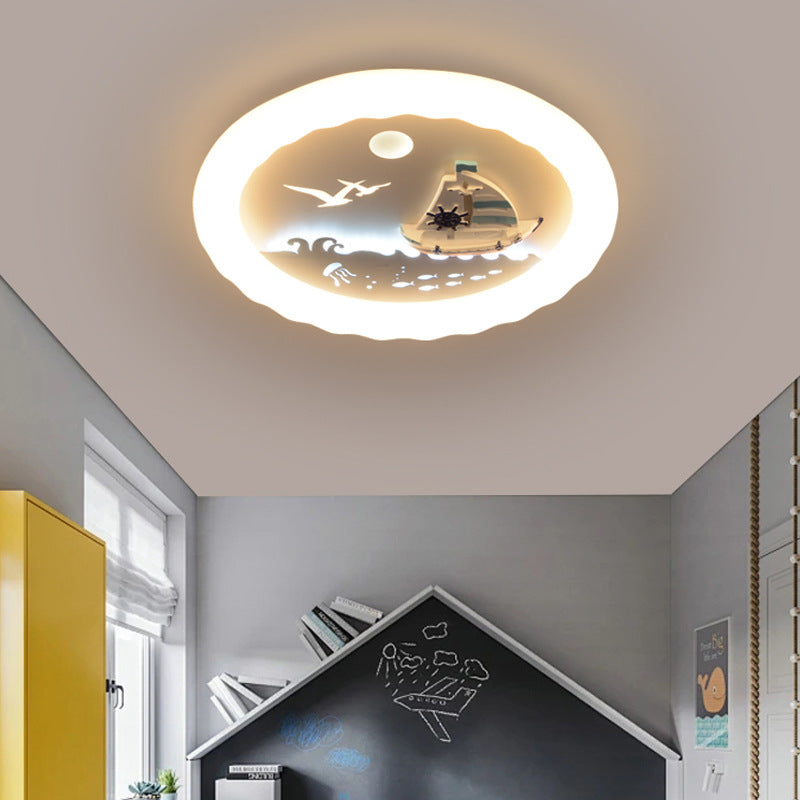 Modern Art Deco Kids Round Sailboat Seagull Acrylic Iron LED Mount Ceiling Light For Bedroom