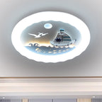 Modern Art Deco Kids Round Sailboat Seagull Acrylic Iron LED Mount Ceiling Light For Bedroom
