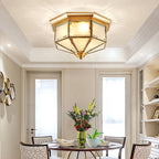 Contemporary Scandinavian Hexagonal Square Glass Copper Iron 2/3 Light Flush Mount Ceiling Light For Bedroom