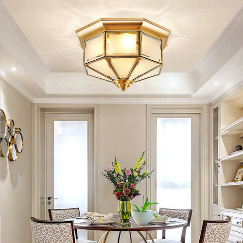 Contemporary Scandinavian Hexagonal Square Glass Copper Iron 2/3 Light Flush Mount Ceiling Light For Bedroom