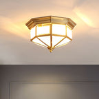 Contemporary Scandinavian Hexagonal Square Glass Copper Iron 2/3 Light Flush Mount Ceiling Light For Bedroom