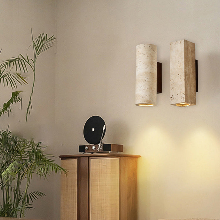 Traditional Japanese Square Cylinder Rectangle Yellow Travertine Solid Wood 1-Light Wall Sconce Lamp For Living Room
