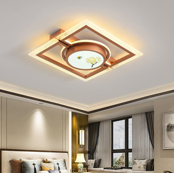 Traditional Chinese Round Square Rectangle Lotus Acrylic Iron Aluminum LED Flush Mount Ceiling Light For Bedroom