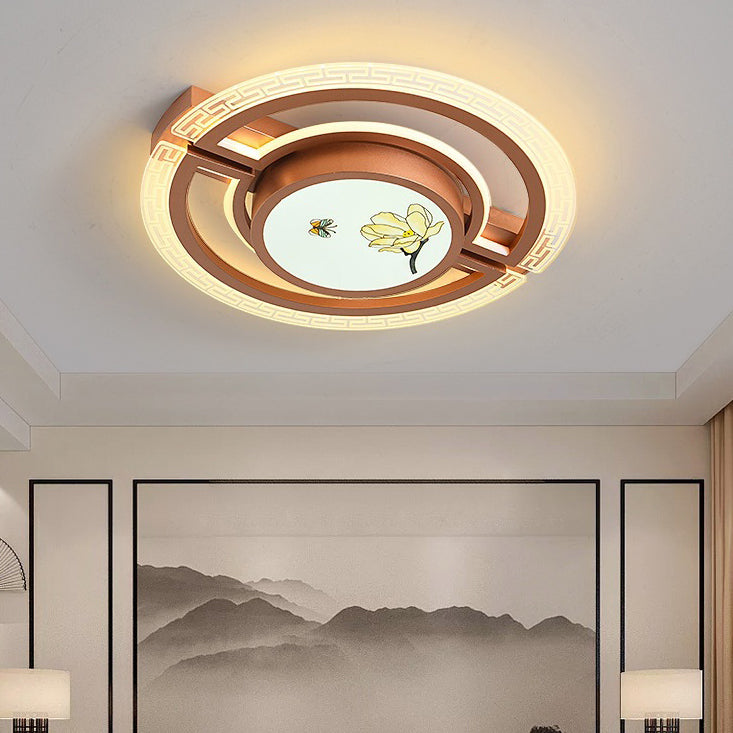 Traditional Chinese Round Square Rectangle Lotus Acrylic Iron Aluminum LED Flush Mount Ceiling Light For Bedroom