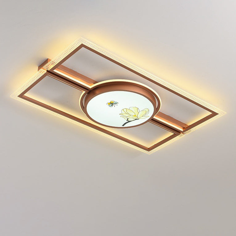 Traditional Chinese Round Square Rectangle Lotus Acrylic Iron Aluminum LED Flush Mount Ceiling Light For Bedroom