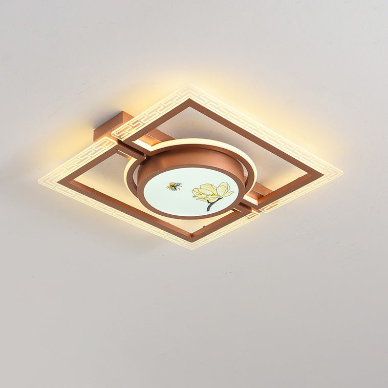 Traditional Chinese Round Square Rectangle Lotus Acrylic Iron Aluminum LED Flush Mount Ceiling Light For Bedroom