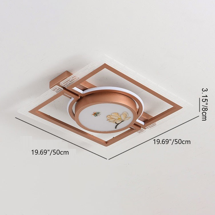 Traditional Chinese Round Square Rectangle Lotus Acrylic Iron Aluminum LED Flush Mount Ceiling Light For Bedroom