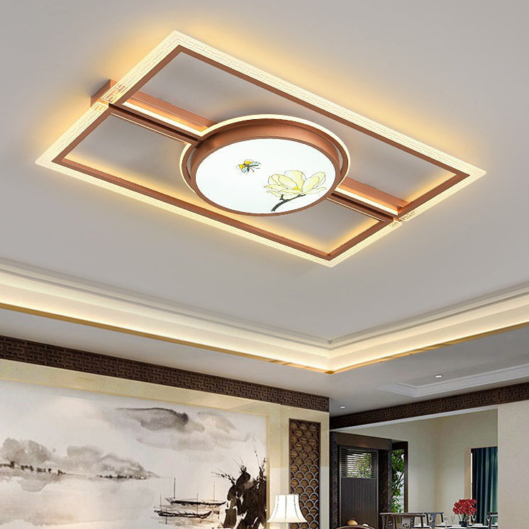 Traditional Chinese Round Square Rectangle Lotus Acrylic Iron Aluminum LED Flush Mount Ceiling Light For Bedroom