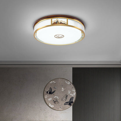 Traditional Chinese Round Mountain Pattern Acrylic Iron Copper LED Flush Mount Ceiling Light For Bedroom