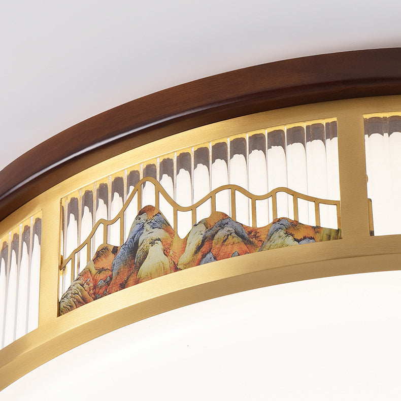 Traditional Chinese Round Mountain Pattern Acrylic Iron Copper LED Flush Mount Ceiling Light For Bedroom