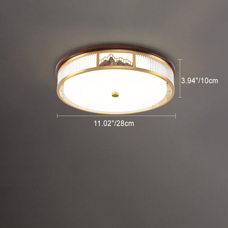 Traditional Chinese Round Mountain Pattern Acrylic Iron Copper LED Flush Mount Ceiling Light For Bedroom
