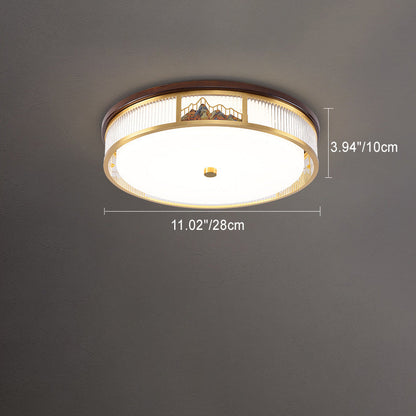 Traditional Chinese Round Mountain Pattern Acrylic Iron Copper LED Flush Mount Ceiling Light For Bedroom