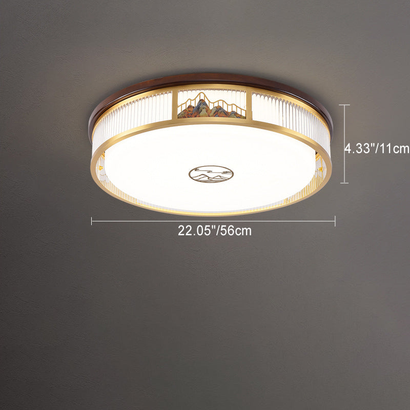 Traditional Chinese Round Mountain Pattern Acrylic Iron Copper LED Flush Mount Ceiling Light For Bedroom