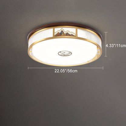 Traditional Chinese Round Mountain Pattern Acrylic Iron Copper LED Flush Mount Ceiling Light For Bedroom