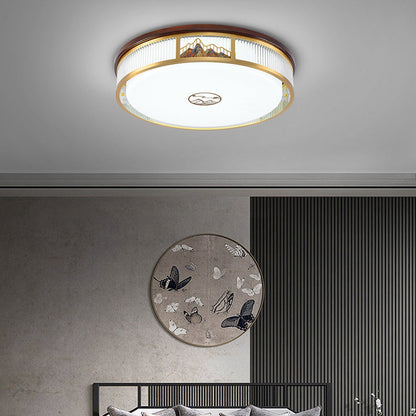 Traditional Chinese Round Mountain Pattern Acrylic Iron Copper LED Flush Mount Ceiling Light For Bedroom