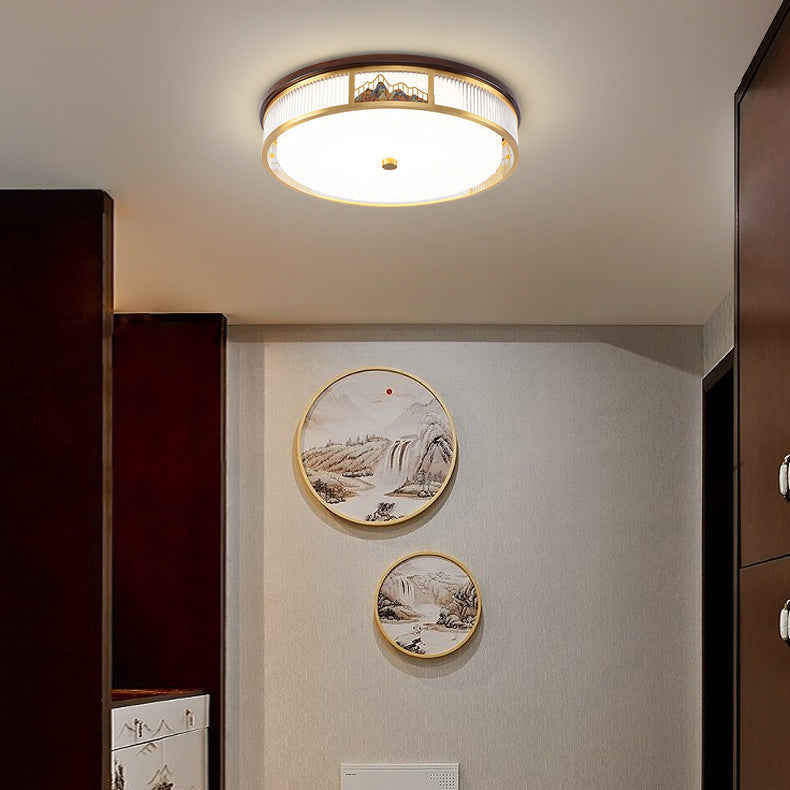 Traditional Chinese Round Mountain Pattern Acrylic Iron Copper LED Flush Mount Ceiling Light For Bedroom
