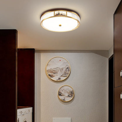 Traditional Chinese Round Mountain Pattern Acrylic Iron Copper LED Flush Mount Ceiling Light For Bedroom