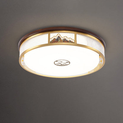 Traditional Chinese Round Mountain Pattern Acrylic Iron Copper LED Flush Mount Ceiling Light For Bedroom