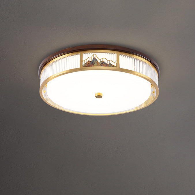 Traditional Chinese Round Mountain Pattern Acrylic Iron Copper LED Flush Mount Ceiling Light For Bedroom
