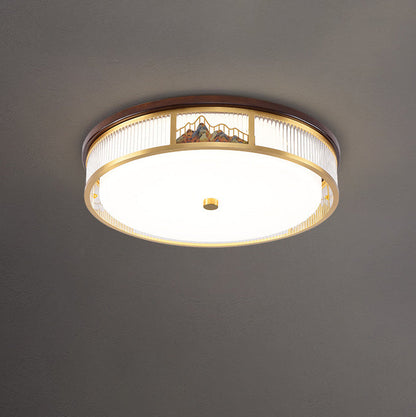 Traditional Chinese Round Mountain Pattern Acrylic Iron Copper LED Flush Mount Ceiling Light For Bedroom