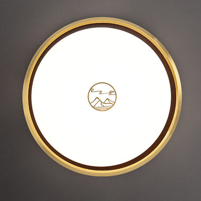Traditional Chinese Round Mountain Pattern Acrylic Iron Copper LED Flush Mount Ceiling Light For Bedroom