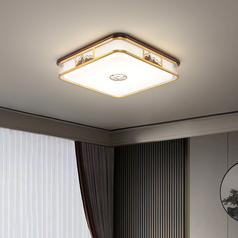 Traditional Chinese Square Rectangle Pattern Acrylic Iron Copper LED Flush Mount Ceiling Light For Living Room