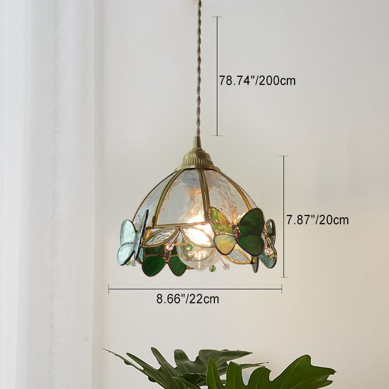 Traditional French Half Round Butterfly Glass Walnut Brass 1-Light Pendant Light For Living Room Lumendat