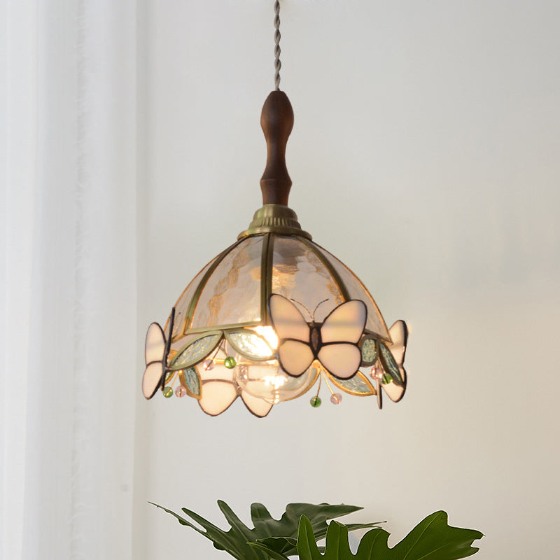 Traditional French Half Round Butterfly Glass Walnut Brass 1-Light Pendant Light For Living Room Lumendat